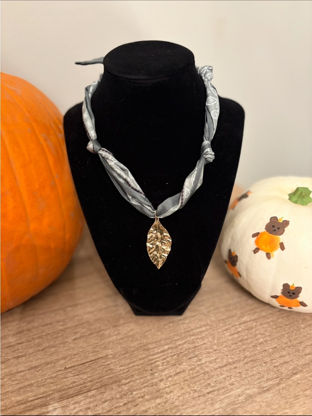 Handmade Gray/Green Scarf Necklace with Gold Leaf Pendant